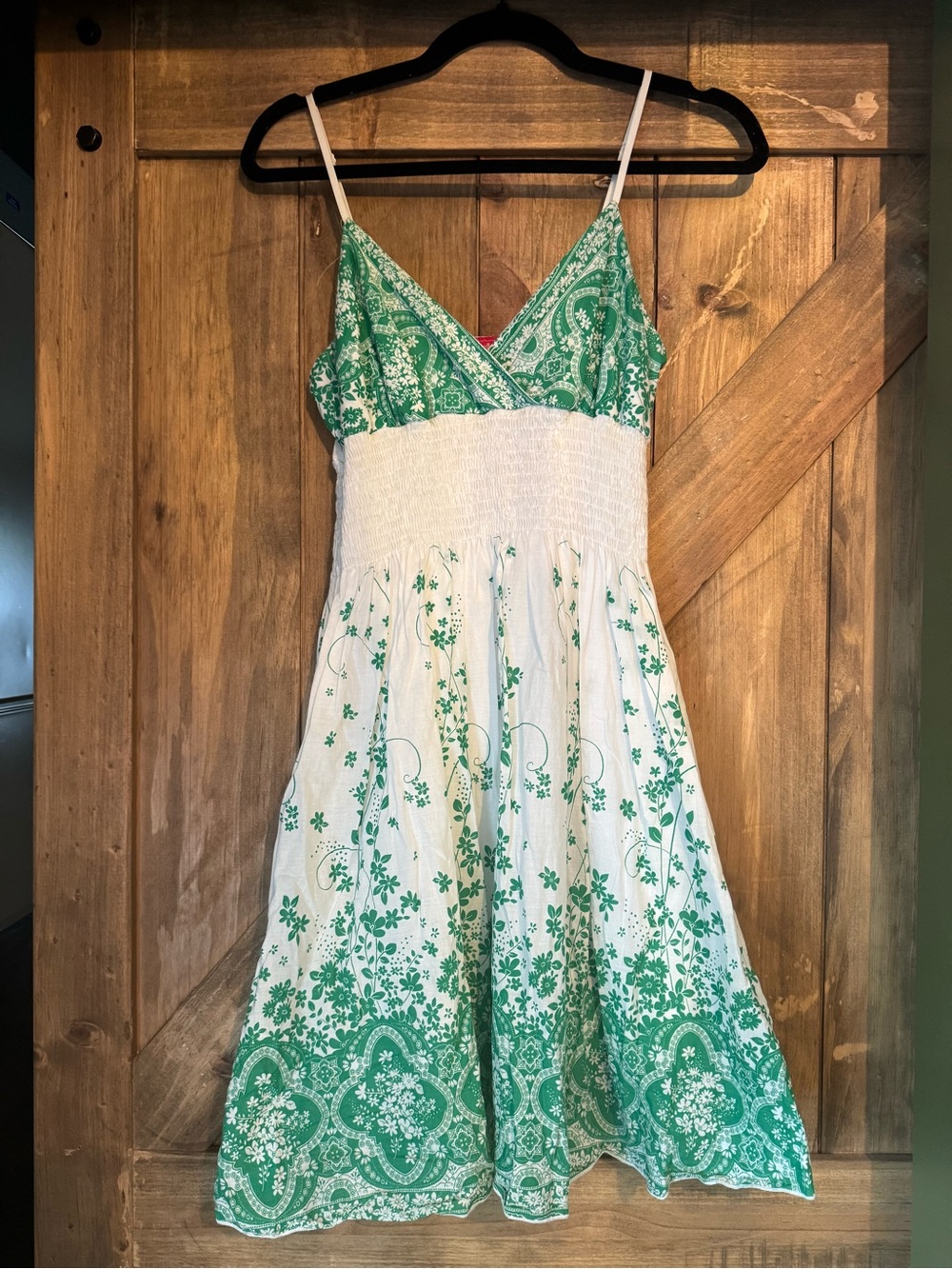 Shasa White Dress with Green Floral Trim